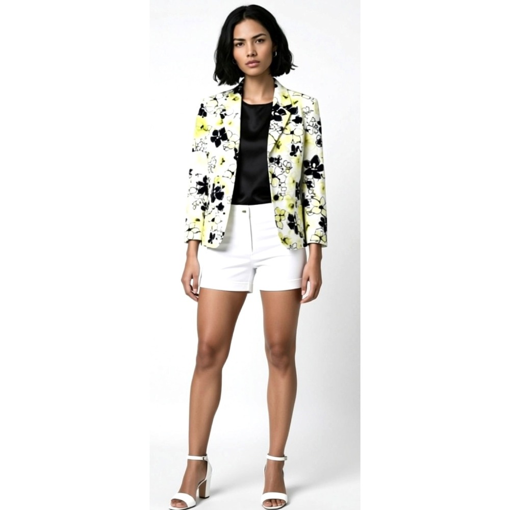 Stresa Women's Blazer Jacket EUC Size 10 Floral  White Black Green Yellow Career